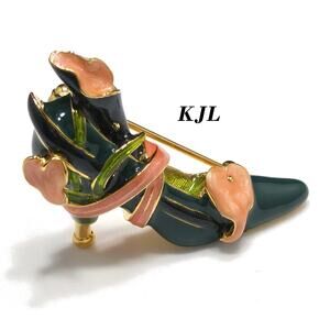 Vintage Kenneth Jay Lane Enamel High Heel Shoe Brooch, Green & Pink Lily Design